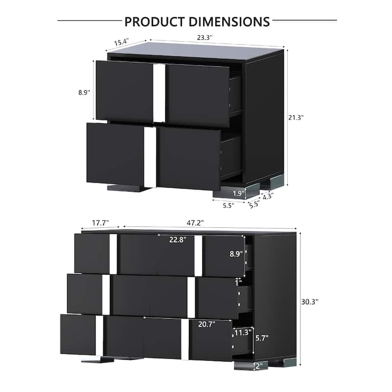Roomfitters 3-Piece Bedroom Set, Elegant 6-Drawer Dresser and 2 Nightstands with Metal Handles