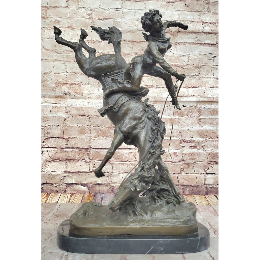 Female Horseback Rider Cowgirl Being Thrown Off Horse - Western Bronze Sculpture By Milo
