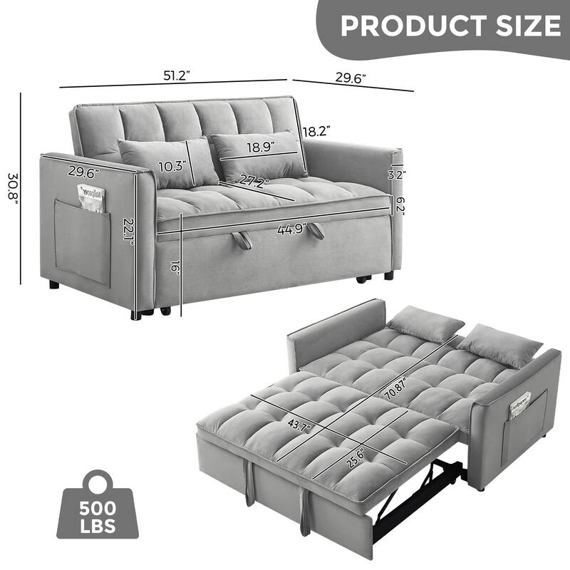 Light Gray Convertible Sofa Bed with USB Port, Folding Loveseat Sleeper Sofa Couch with Adjustable Backrest