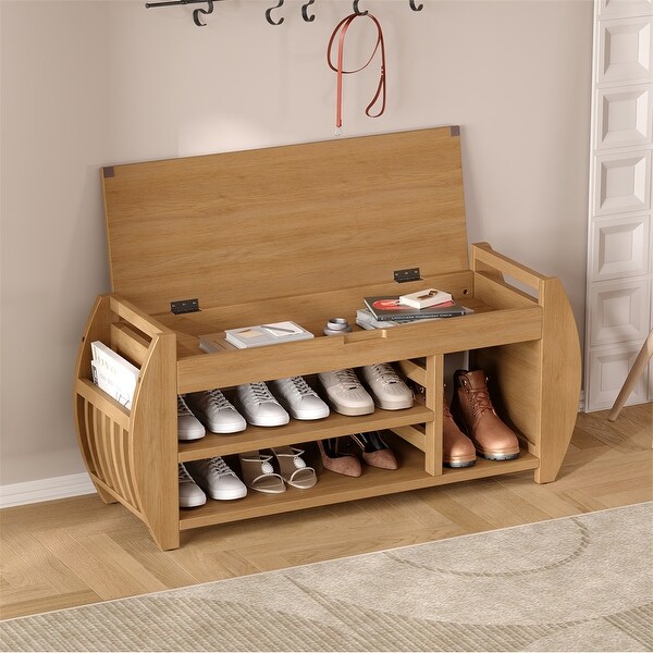 Retro Wood Storage Bench with Seat Cushion, Curved Shoe Rack for