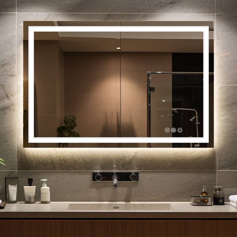 Durx-litecrete Rectangular Frameless Wall Mount 3 Colors Dimmable Anti-fog LED Bathroom Vanity Mirror