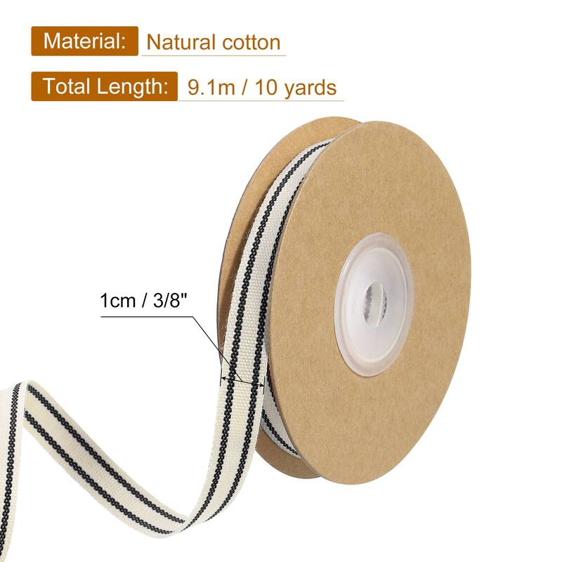Natural Cotton Stripes Ribbon - Natural with Black - 3/8"
