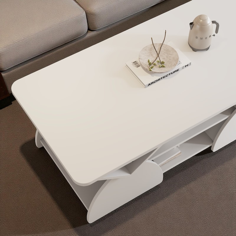 47.2'' Modern Engineered Wood Coffee Table with Open Storage Shelves, Rounded Corners & Sturdy Frame for Living Room