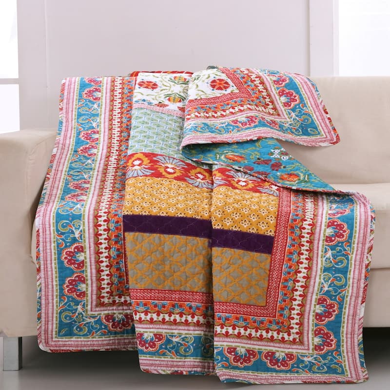 Greenland Home Fashions Thalia 100% Cotton Throw Quilt with Velvet Embellishments