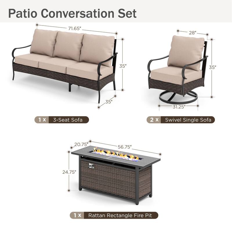 MAISON ARTS 4/6 Pieces Outdoor Heavy-Duty Oversized Metal Conversation Set with Fire Pit Table