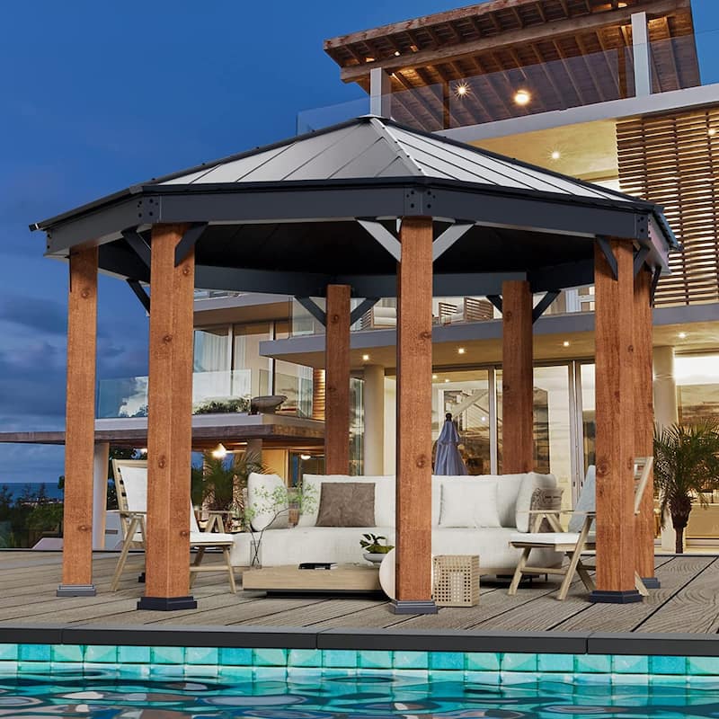 Outdoor Galvanized Steel Roof Gazebo Pergola w Wooden Coated Alumninum Frame, Privacy Curtains and Nettings Include