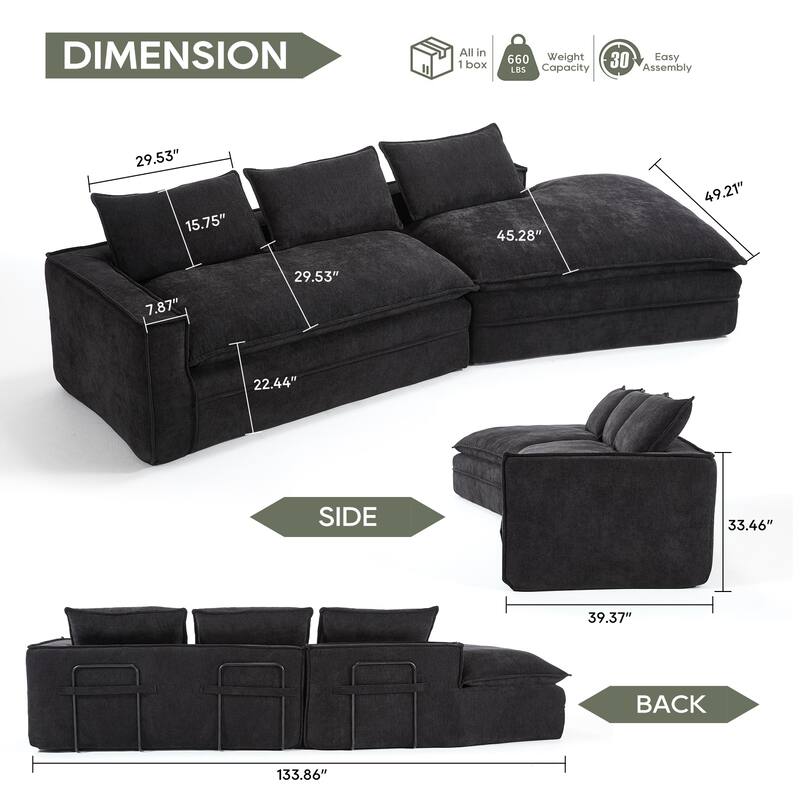 Modular Deep Seat Sectional Sofa with Chaise Lounge, Fabric Upholstered Cloud Boneless Couch, High-Density Sponge Floor Sofa