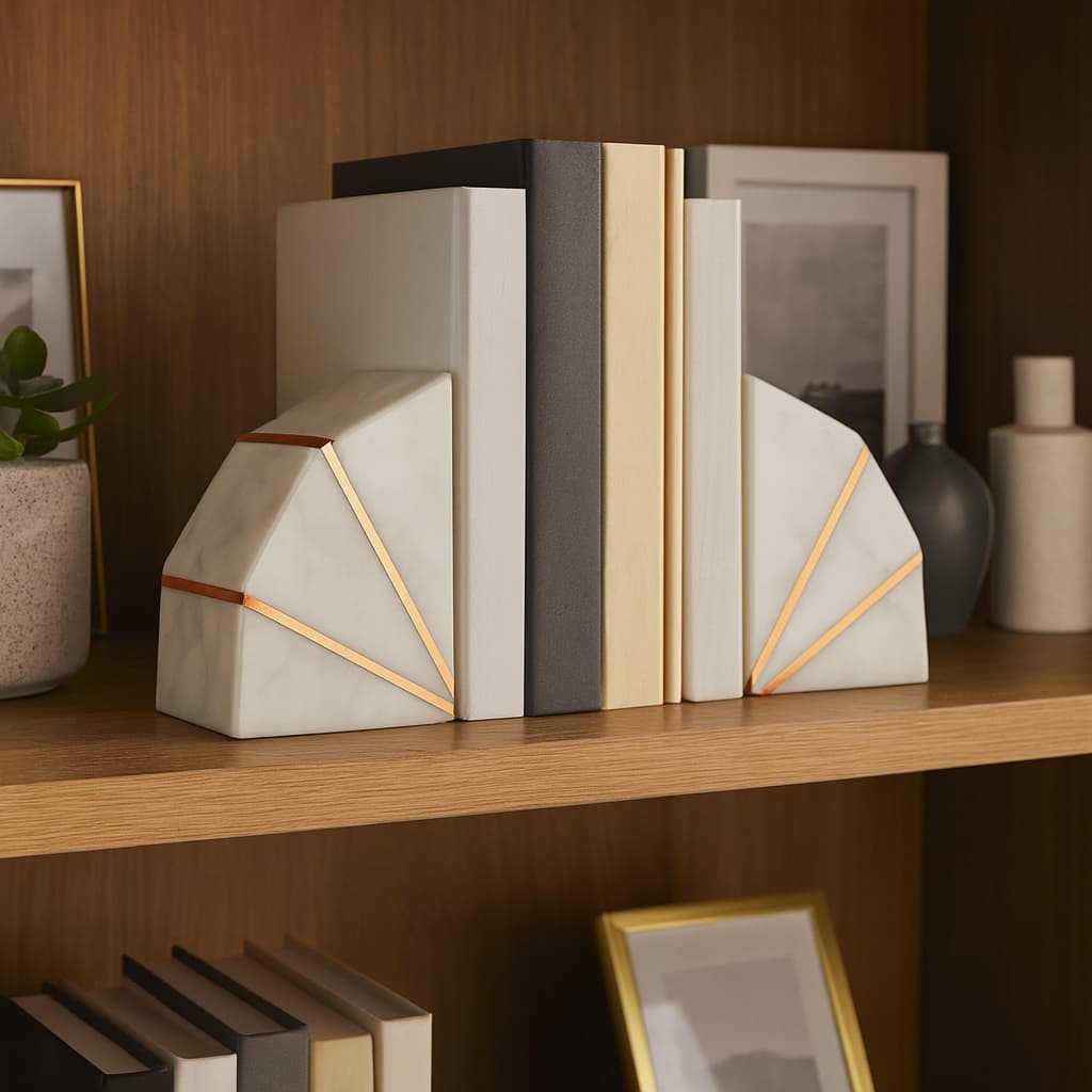 Decorative Marble and Brass Inlay Bookends - 5.5", White & Gold - 5.25"