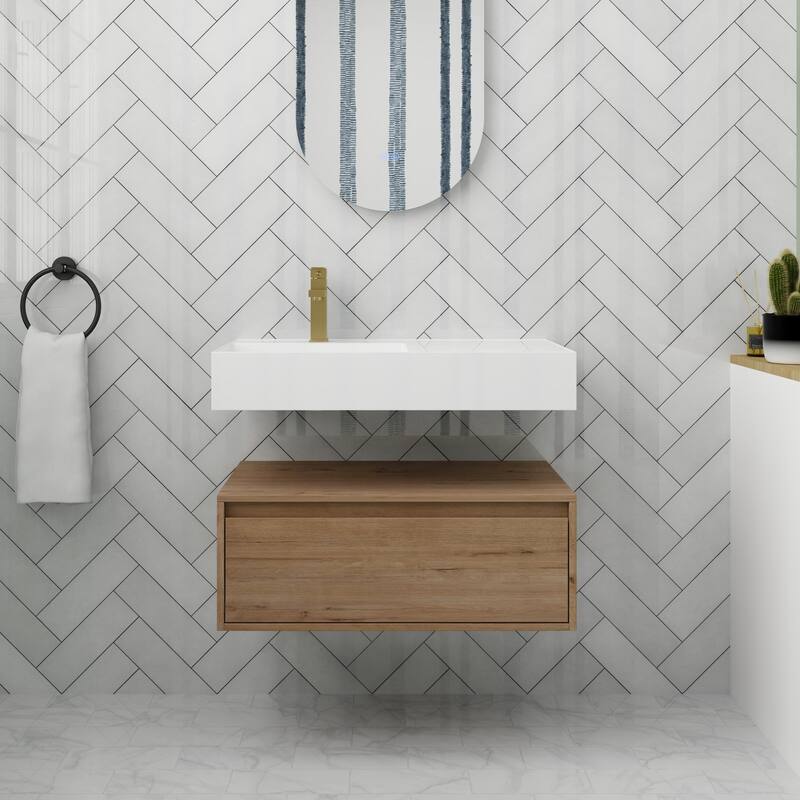 ARTCHIRLY 30/60 Inch Bathroom Vanity with Sink, Floating Bathroom Vanity With Soft Close Drawer - 29.5''W×18.1''D×15.8''H - Imitative Oak-Left Basin