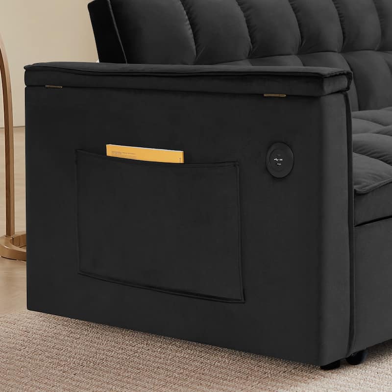 55.5" Convertible Velvet Double Sleeper Sofa Bed with Hidden Side Table