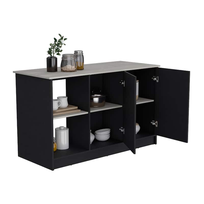Spacious Kitchen Island with Double Door Cabinet, Open Shelves, Large Top - Black and Ibiza Marble