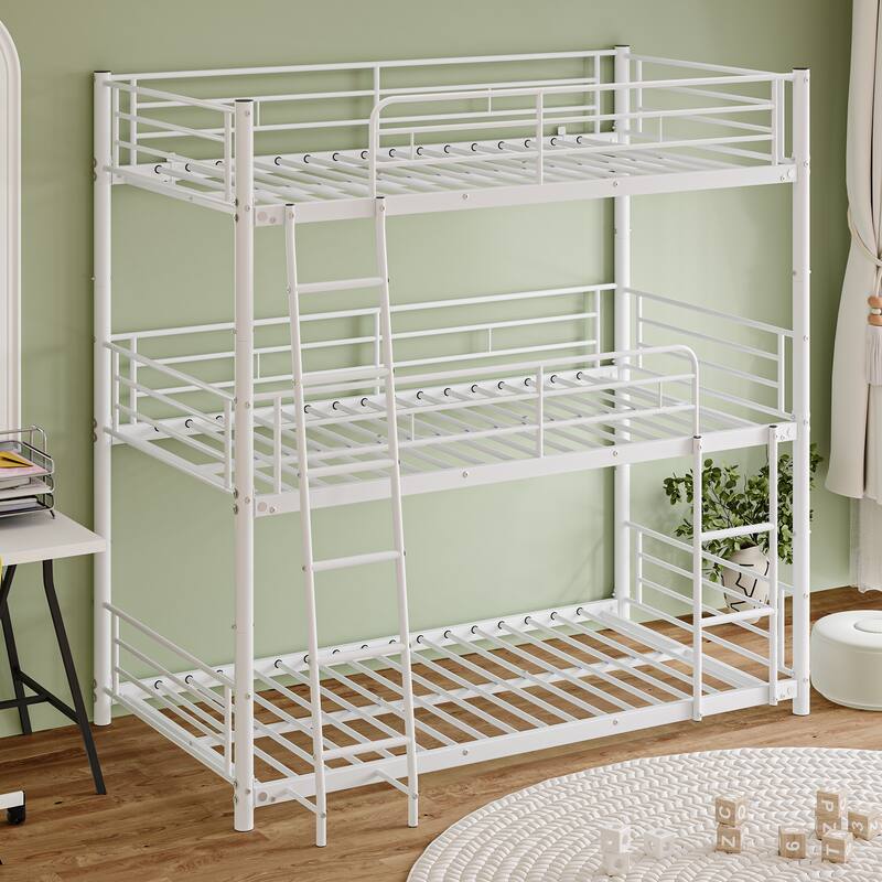 Heavy Duty Metal Triple Twin Bunk Bed with Guardrails, Ladder & Storage, Easy to Assemble