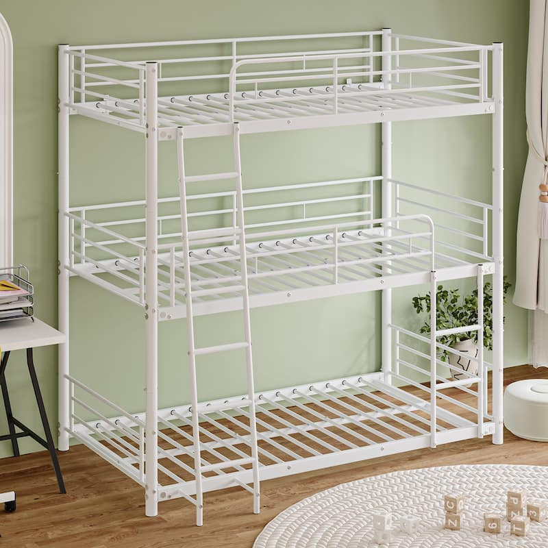 Metal Triple Bunk Bed,Twin Over Twin Bunk Bed for 3, 3 Beds with Guardrail and Ladder, Heavy Duty Triple Bed Frame for Teenagers