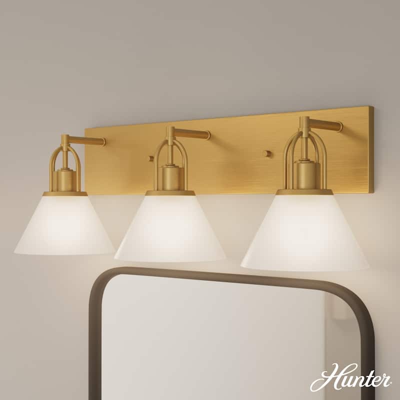 Hunter Carrington Isle Luxe Gold 3-Light Bathroom Vanity w/ Cased White Glass - Casual, Transitional - Designer