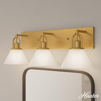 Hunter Carrington Isle Luxe Gold 3-Light Bathroom Vanity w/ Cased White Glass - Casual, Transitional - Designer