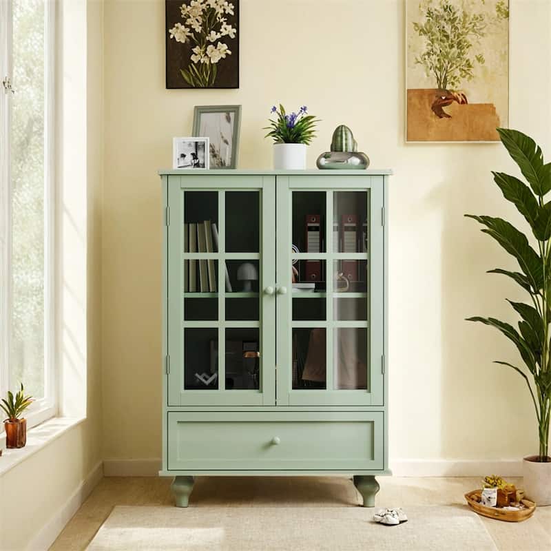 Buffet Cabinet w/Double Glass Doors &Drawer,Storage Sideboard Cupboard