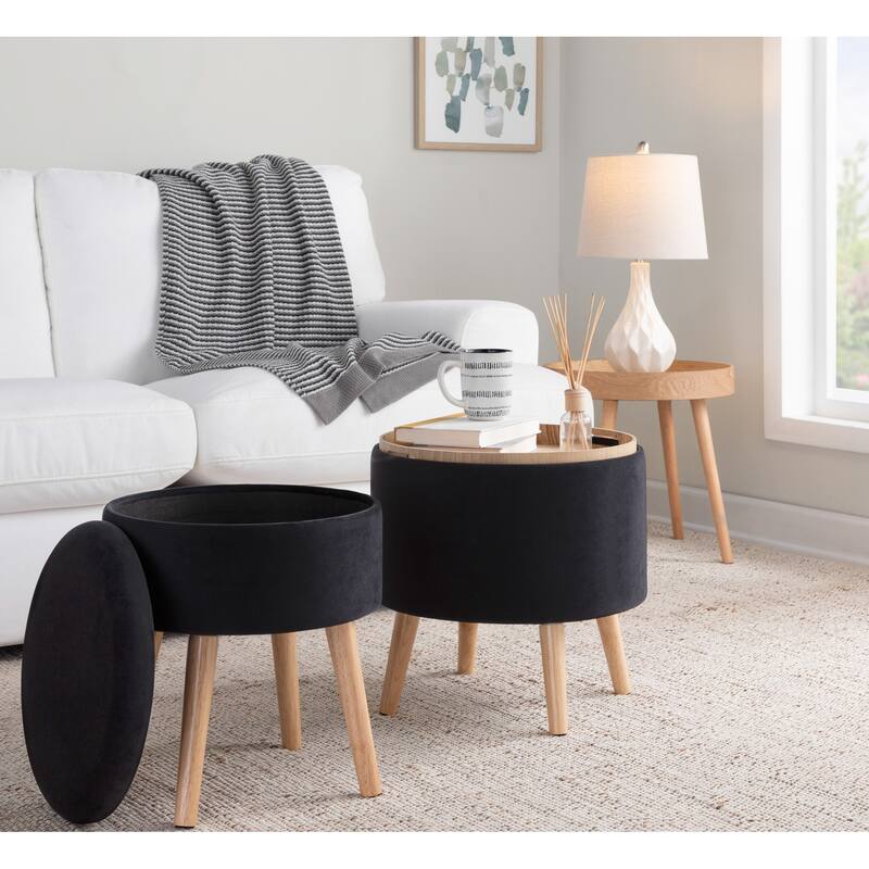 Tray Contemporary Storage Ottoman with Matching Stool in Black Velvet and Natural Wood Legs by LumiSource