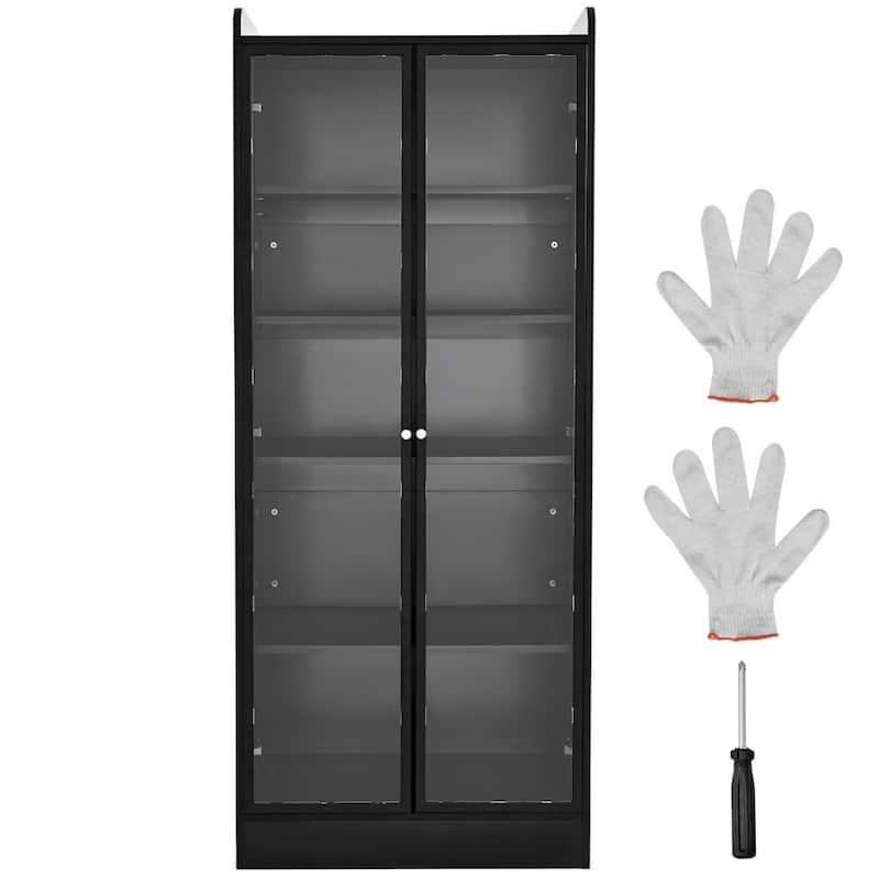 Black MDF Glass Display Cabinet 5-Tier with LED Lighting and Doors - 27.56 × 13.39 × 66.93 inch