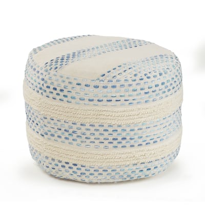 18" Blue and Cream Tufted Pin Dot Round Pouf Ottoman