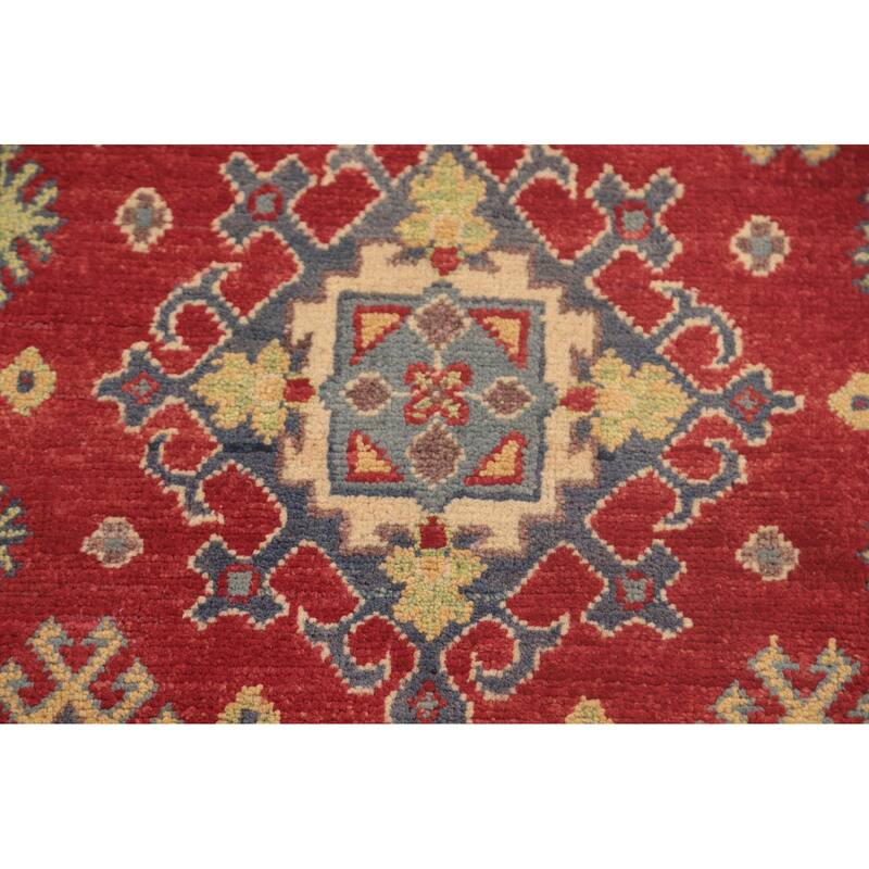 Geometric Red Kazak Oriental Foyer Rug Hand-Knotted Wool Carpet - 2'7" x 4'1"