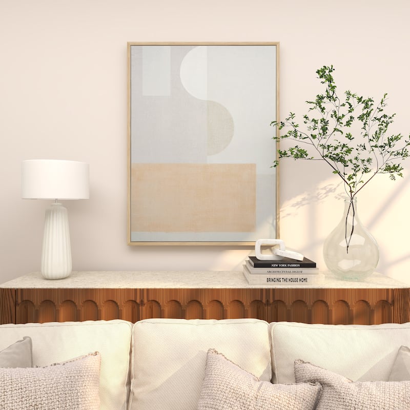 Canvas Geometric Mid Century Modern Shape Framed Wall Art with Pink and Sage Accents - Cream - Roche River Decor