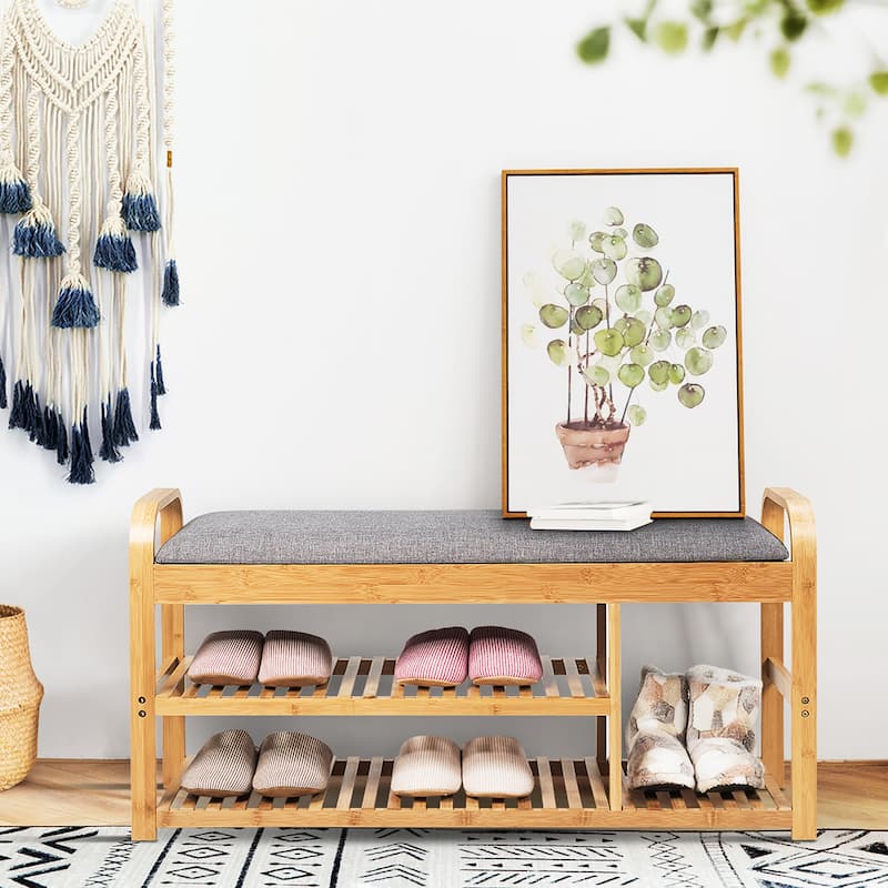 Shoe Rack Bench Entryway 3-Tier Bamboo Shoe Organizer with Cushion