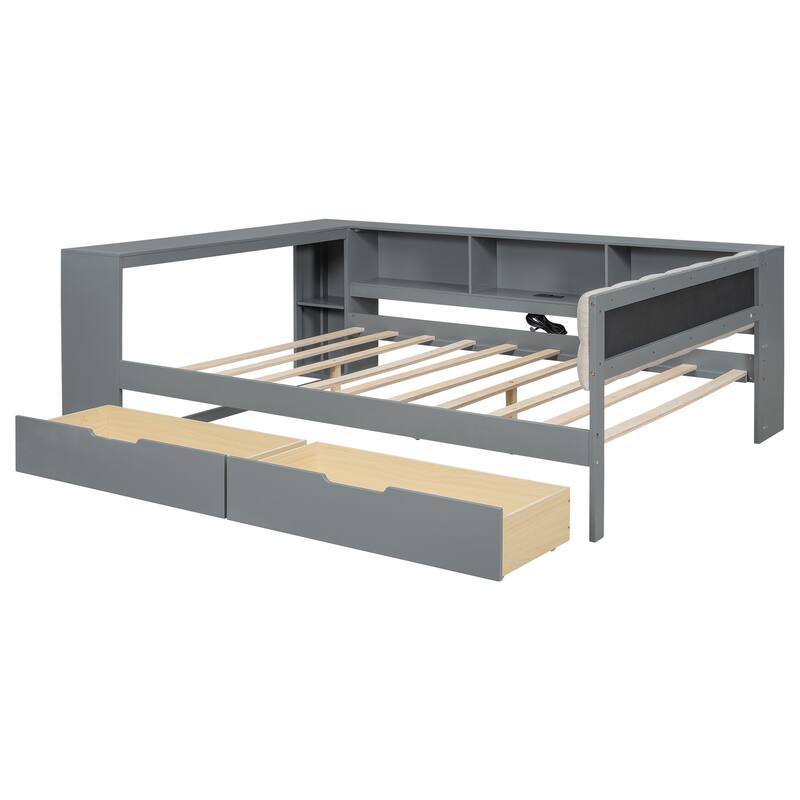 Wood Twin&Full Size Platform Bed with Storage Shelves, Drawers, Charging Station and Upholstered Headboard