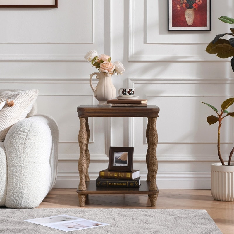 Coastal Wood End Table with Rope-Wrapped Legs and Open Storage Shelf - 20 in.
