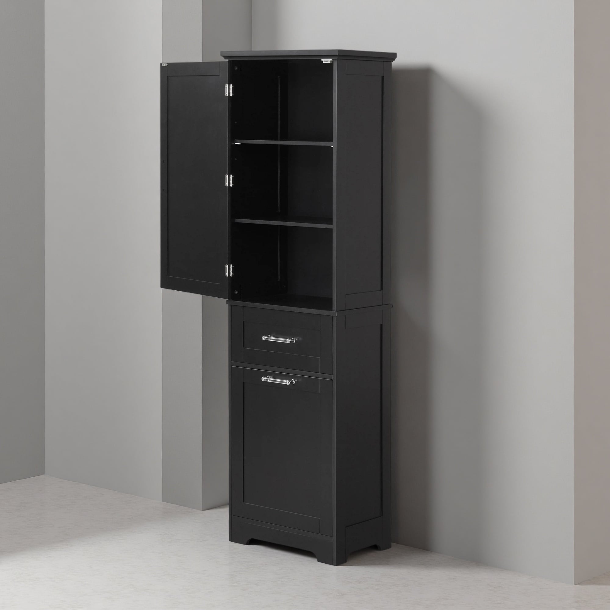 68"H Tall Bathroom Storage Cabinet, Freestanding Storage Cabinet with Two Different Size Drawers and Adjustable Shelf, MDF Board