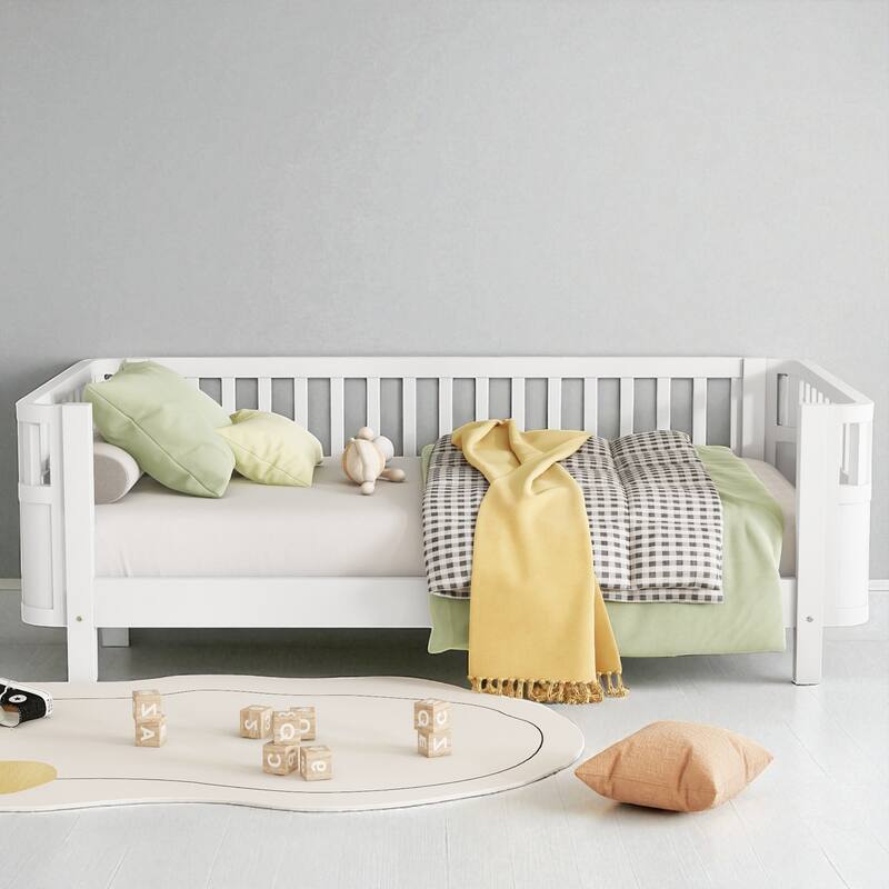 Twin/Full Size White Wood Platform Bed for Kids with Guardrails, Low Profile Toddler Bed Frame for Boys and Girls