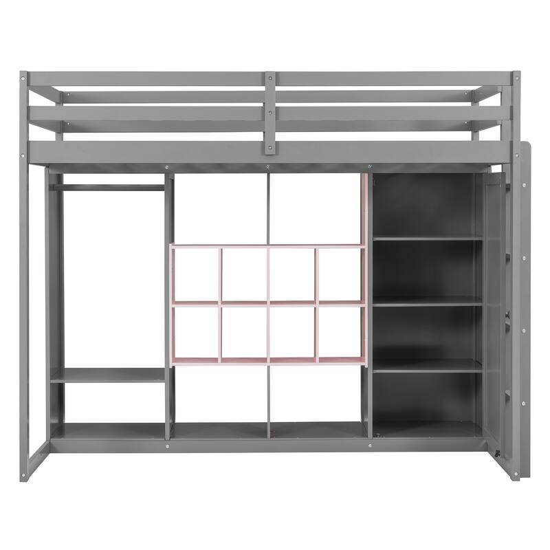 Twin/Full Size Versatile Loft Bed with Wardrobe, Storage Bed Frame with Multi-Shelves and Clothes Hanging Rod