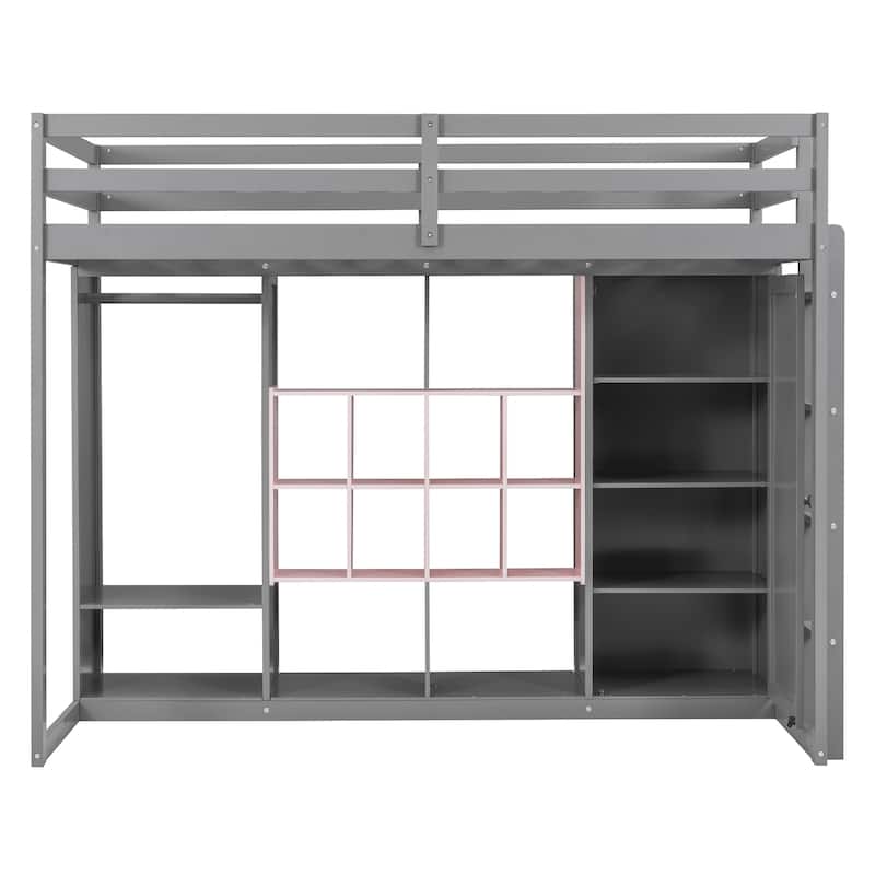 Twin Size Wood Loft Bed with Wardrobe, shelves and Cabinet, White+Yellow