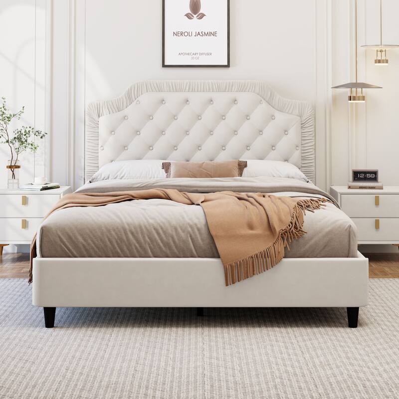 Luxurious Velvet Platform Bed Frame with Tufted & Pleated Headboard, Sturdy Wood Base - Full, Queen, King