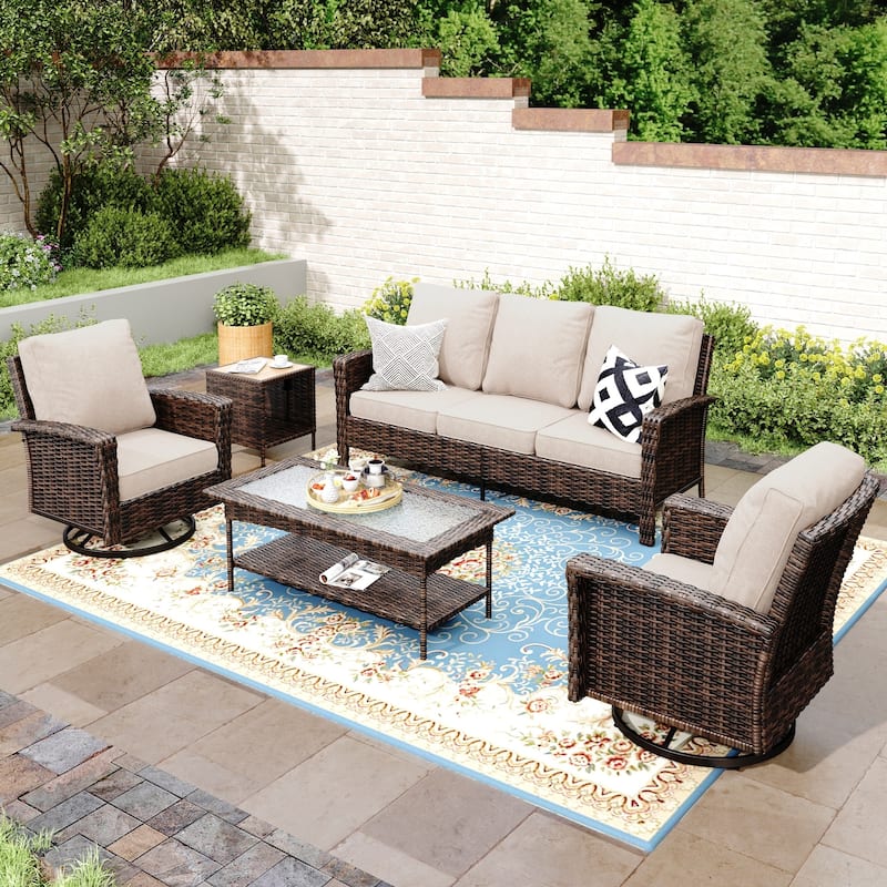 MAISON ARTS 7-Piece Extra-Large Patio Wicker Sofa Conversation Set with Table, Oversize Seat with 5.5'' Thick Padded Cushion - 5 Seats + 47'' Table + 17'' Rattan Table - Beige