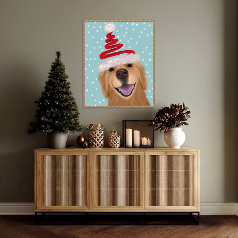Christmas Golden Retriever and Spring Santa Hat by Fab Funky (23 x 28 in.), Framed Canvas Wall Art Print