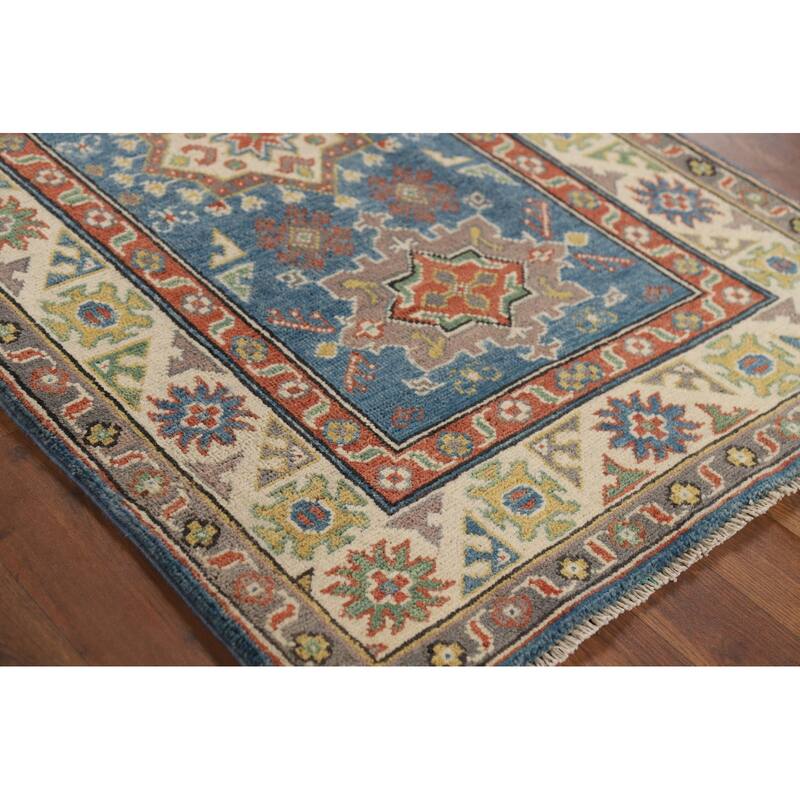 Blue Traditional Kazak Oriental Foyer Rug Hand-Knotted Wool Carpet - 2'8" x 4'3"