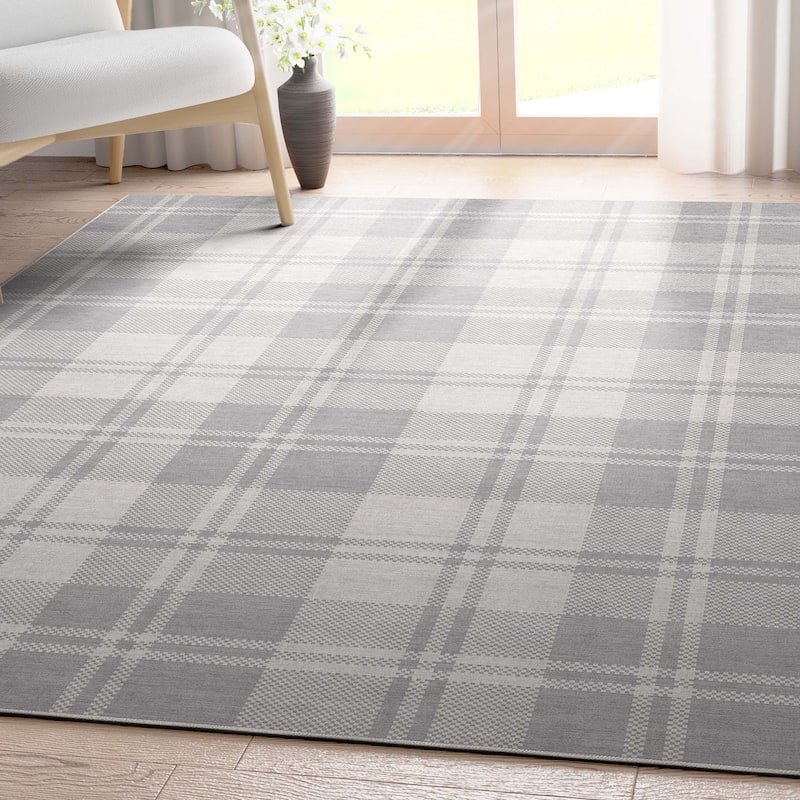 Well Woven Apollo Plaid Farmhouse Geometric FlatWeave Rug - 7' 7" x 9' 10" - Light Grey