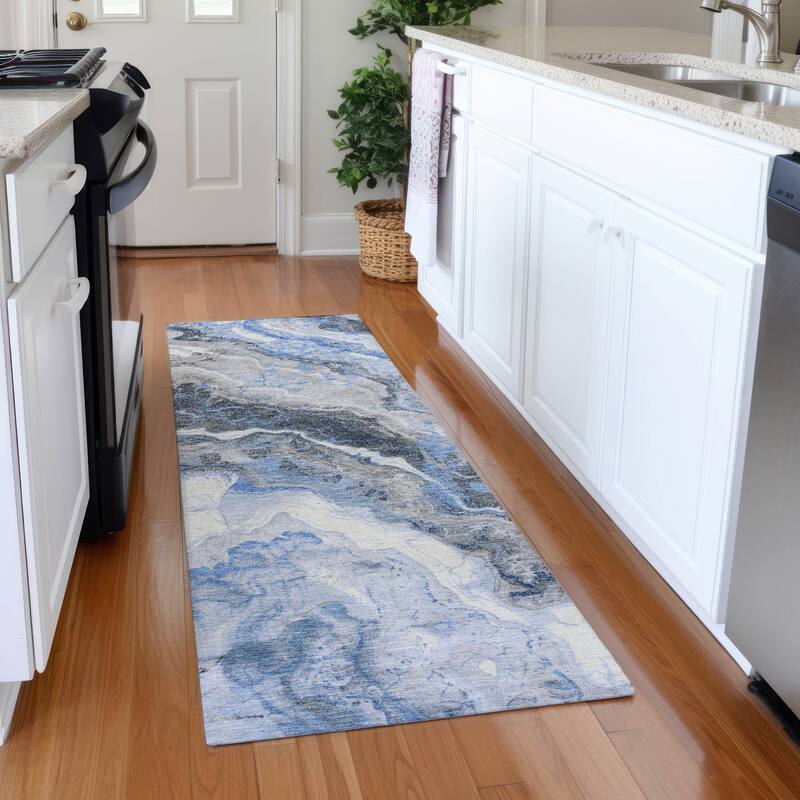 Premium Washable Super Soft Abstract Marble Mayfield Rug - Blue - 2'3" x 7'6"