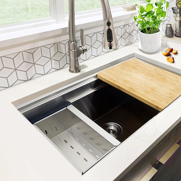 Highpoint 30" Zero-Radius Undermount Stainless Steel Kitchen Sink w/ Colander, Cutting Board, Drain - Silver. Opens flyout.