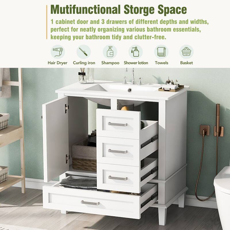 Anmytek 30 Inch White Modern Bathroom Vanity Sink Combo Solid Wood Frame Soft Close Door 3 Drawers Storage Cabinet