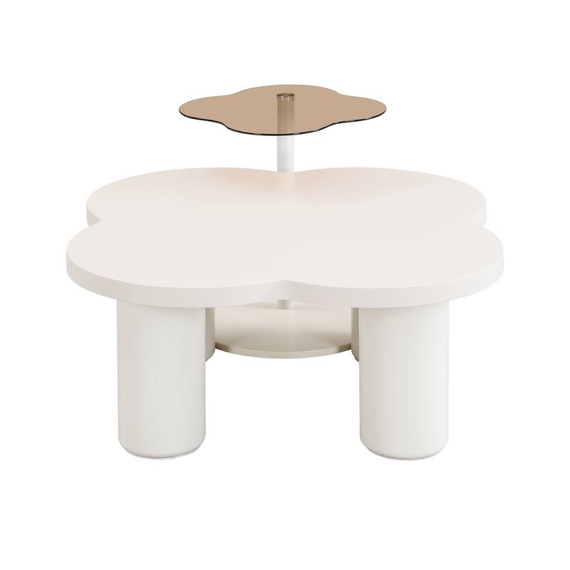 Roomfitters Modern Coffee Table Set of 2 with Irregular Shape and Glass End Table, Roman Column Legs, White