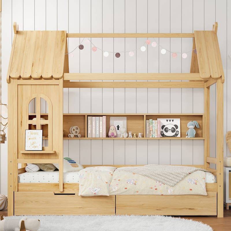 Charming House Bed for Girls, Boys Low Platform Bed Frame with Under-bed Drawers, Storage Shelves, Window and Roof - Natural - Twin