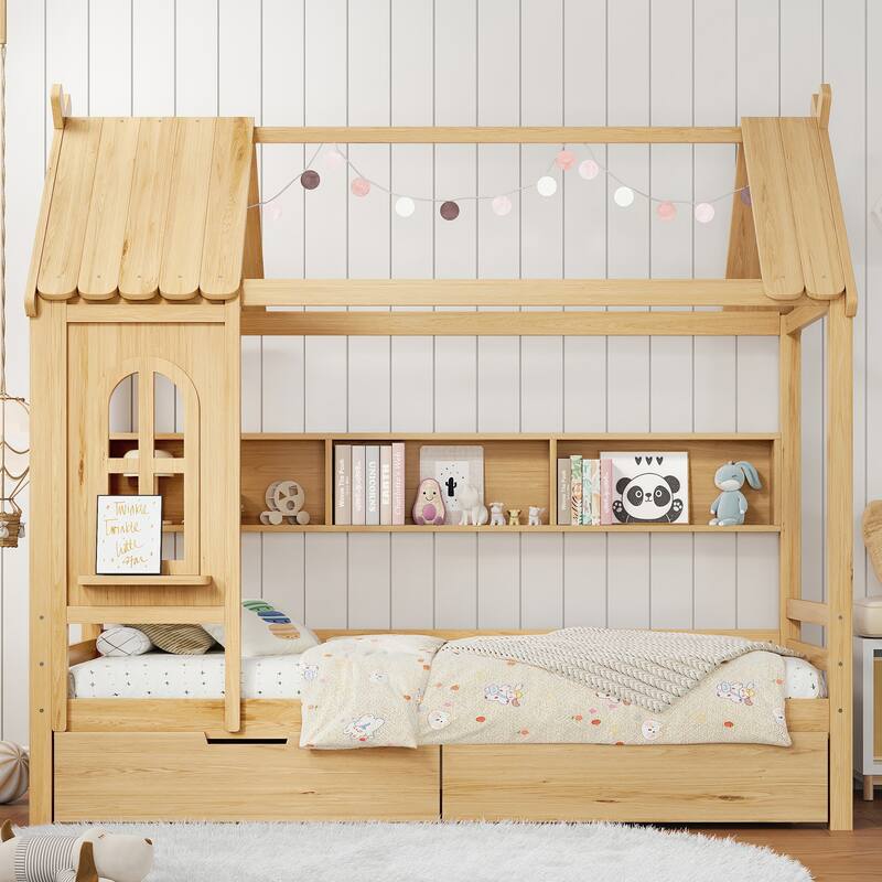Twin house Beds with Storage Drawers and Window, Solid Wood House Platform Bed Frame with shelves