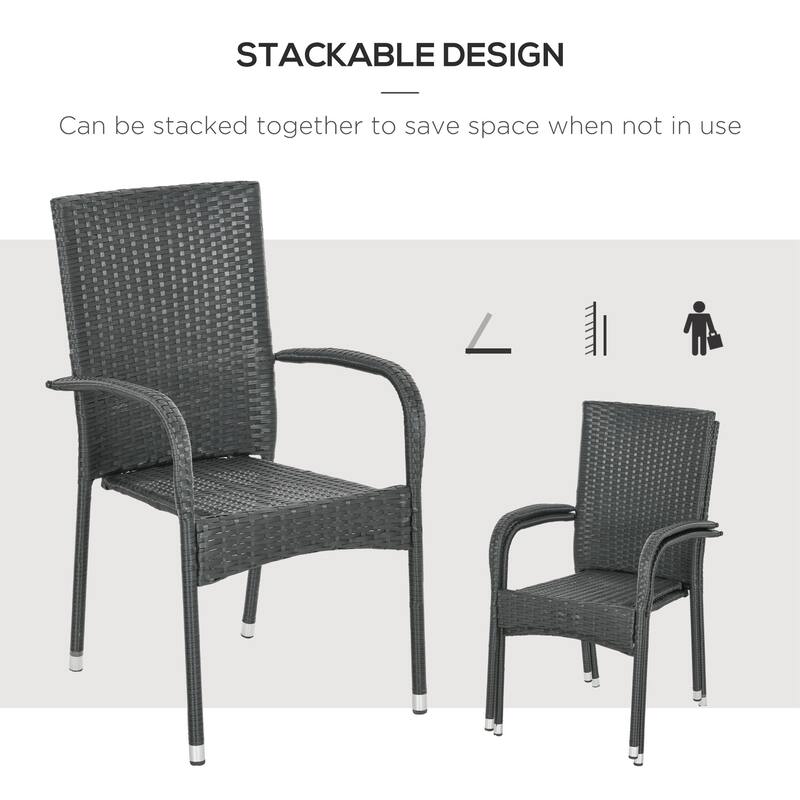 Outsunny Stackable PE Rattan Outdoor Dining Chairs with Cushion, Patio Wicker Dining Chair with Armrests and Backrest for Patio