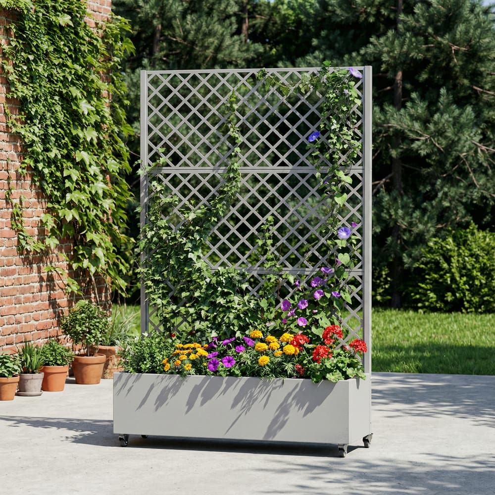 Movable Raised Garden Bed with Trellis and Lockable Wheels