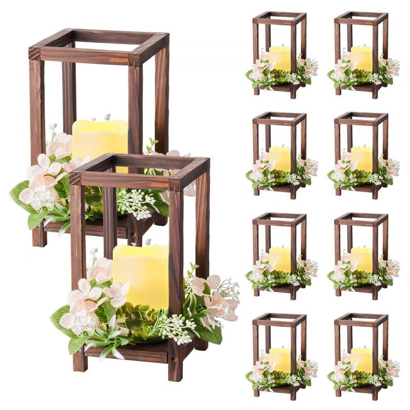 Wooden Wedding Lantern Set with LED Candles and Eucalyptus Wreath Rustic Cedar Table - 30 pc - Brown