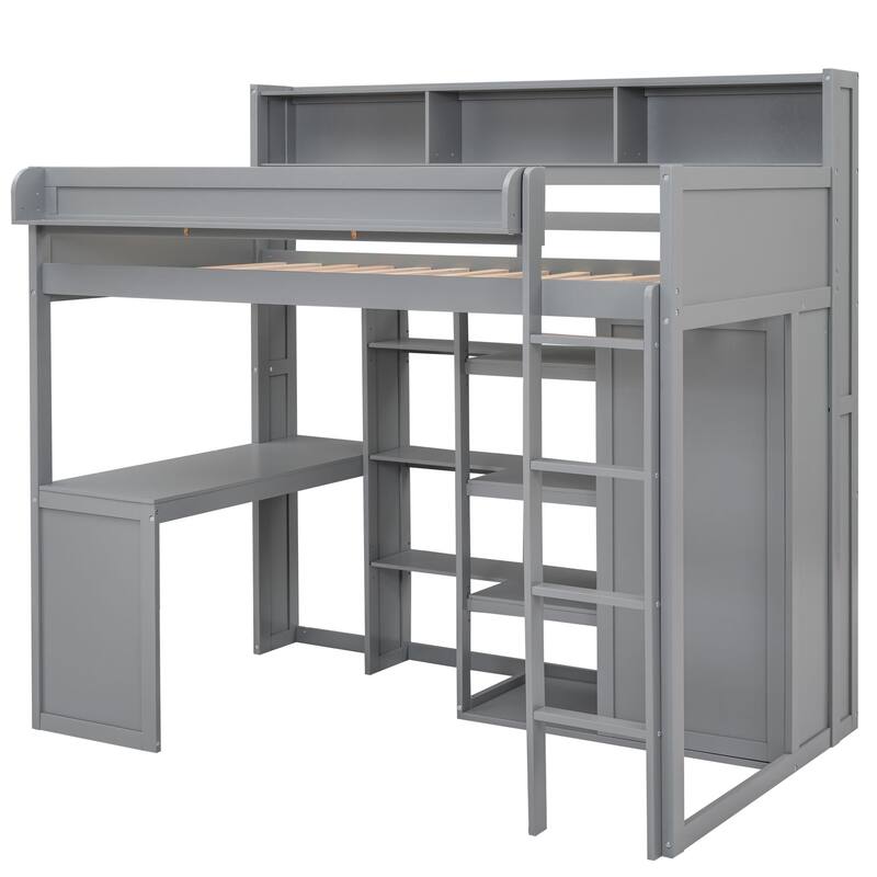 Twin Size Loft Bed with Desk, Wardrobe, and Multiple Storage Shelves, Sturdy Pine Wood Frame, Ideal for Small Bedrooms