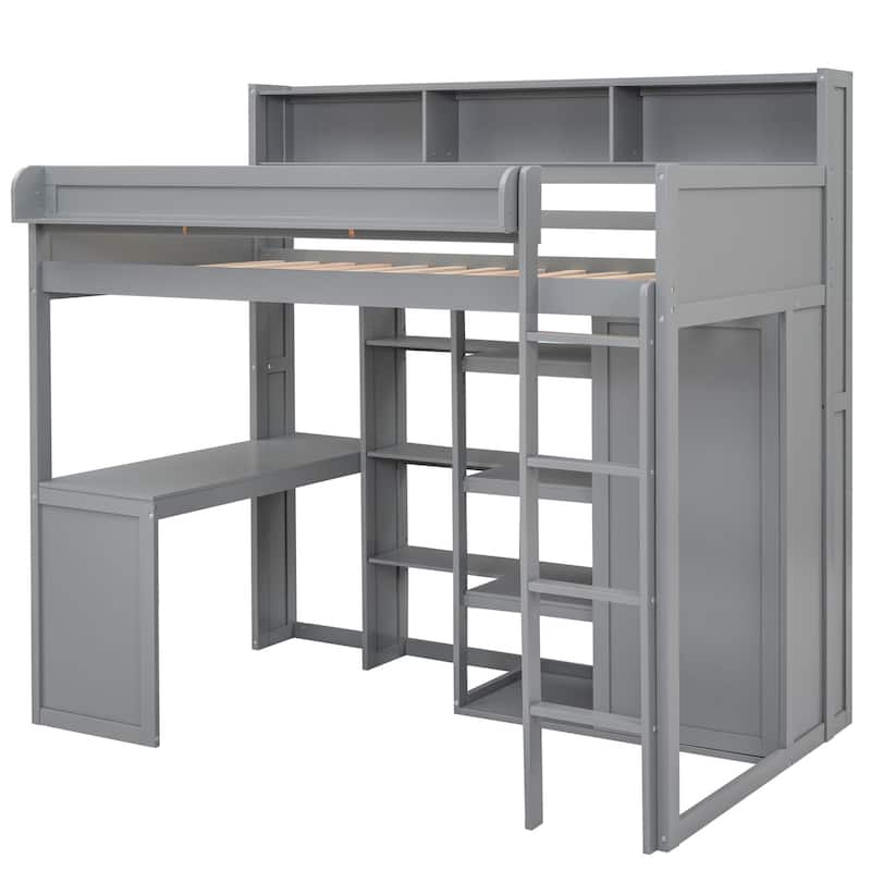 Twin Size Loft Bed with Storage Shelves, Wardrobe, and Built-in Desk, Gray