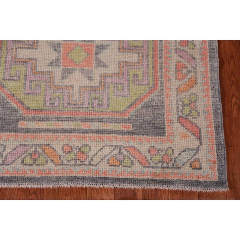 Hand Knotted Oriental 100% Wool Carpet Transitional Geometric Greys & Charcoal Oushak Runner Rug - 13' 0'' X 3' 1''