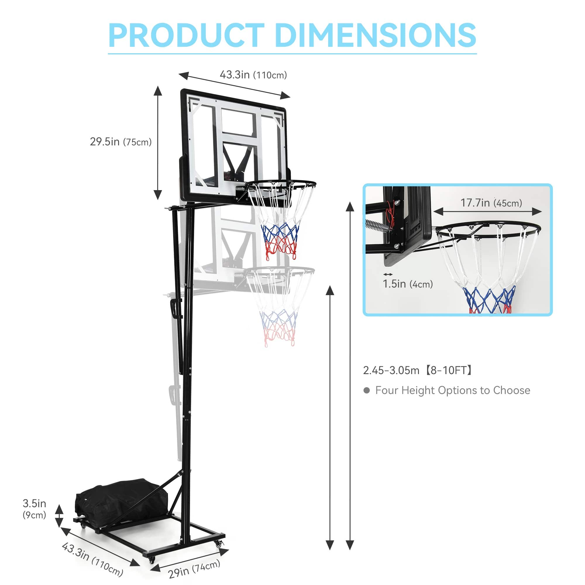 Indoor&Outdoor Basketball Stand Portable 810 FT Height Adjustable